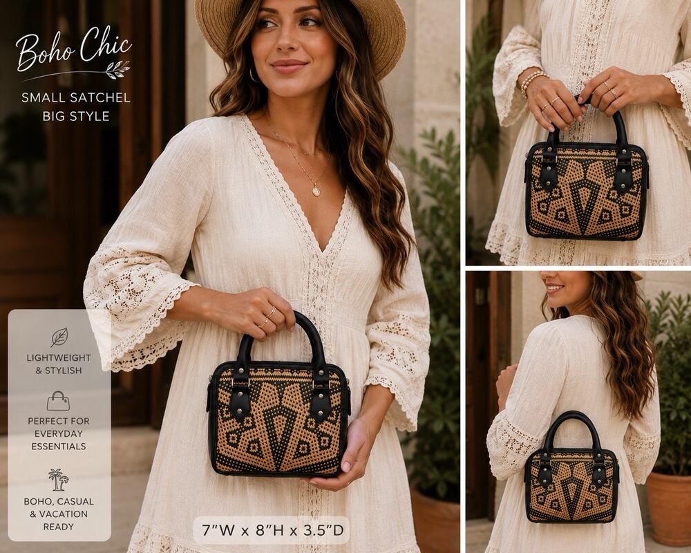 Boho Woven Geo Tribal Mini Satchel Handbag Black&Natural Raffia Top Handle Purse